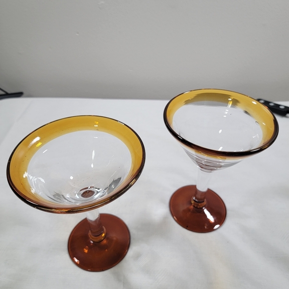 Set Of 2 Mexican Hand Blown Amber Clear Glass 6" tall Margherita Martini - Picture 3 of 7